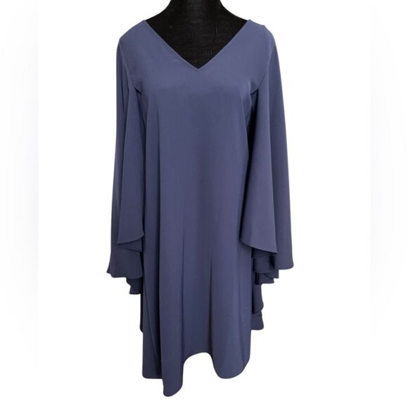 Natori Elegant Navy Blue Crepe Cape Dress Size Large Modest Classic Style - Picture 5 of 8